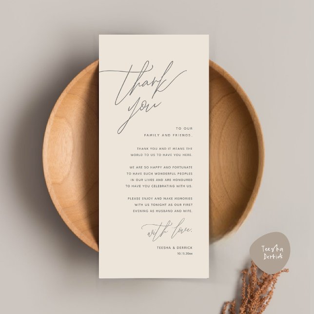 Minimalist Wedding Place Setting Thank You Card (Romantic Minimalist Wedding Dinner Place Setting Thank You Card, in Summer Cream Grey)
