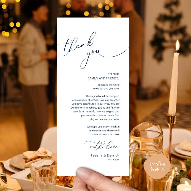 Minimalist Wedding Place Setting Thank You Card (Romantic Wedding Dinner Lunch Brunch Party Place Setting Thank You Card in Classy Navy Blue)