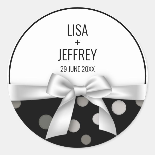 Minimalist Wedding Polka Dot & Silver Bow Classic Round Sticker (Front)