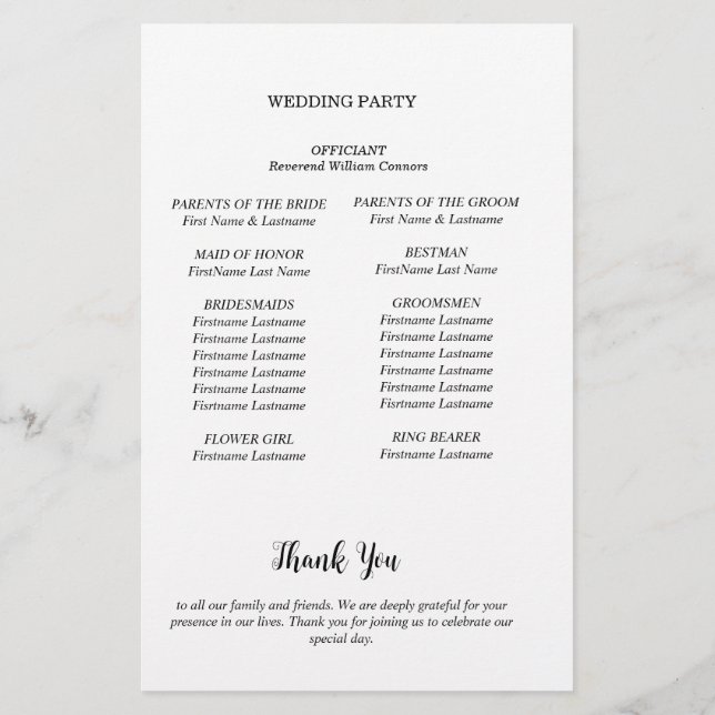 Minimalist Wedding Program Card (Back)