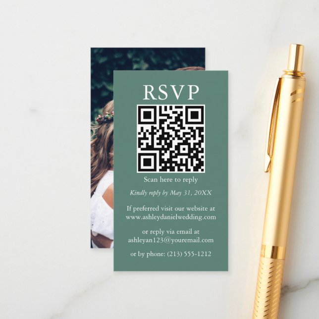 Minimalist Wedding QR Photo Eucalyptus Green RSVP Enclosure Card (Front/Back In Situ)