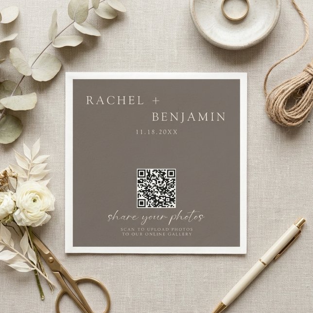 Minimalist Wedding QR Share Photos Taupe Napkin (Creator Uploaded)