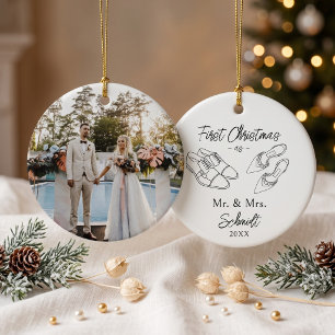 Minimalist Wedding Shoes Illustration Custom Photo Ceramic Tree Decoration