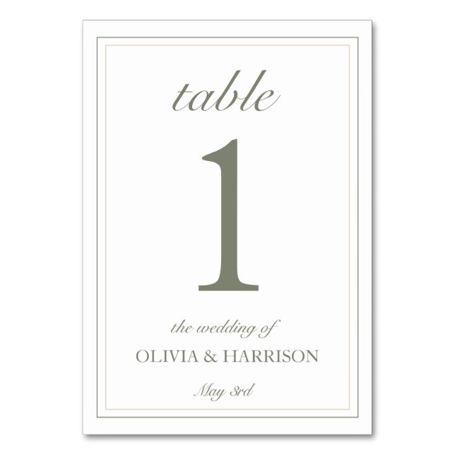 Minimalist Wedding Table Number Card – Sage Green (Front)