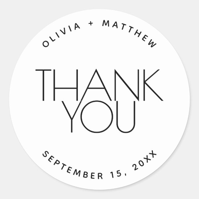 Minimalist Wedding Thank You. Black & White Simple Classic Round Sticker (Front)