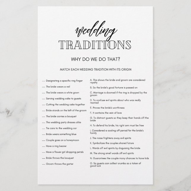 Minimalist Wedding Traditions shower game flyer (Front)