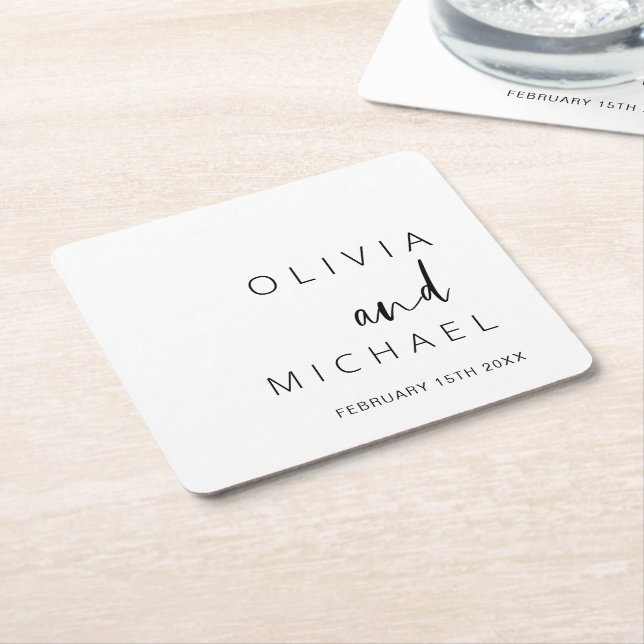 Minimalist Wedding Typography Elegant Square Paper Coaster (Angled)