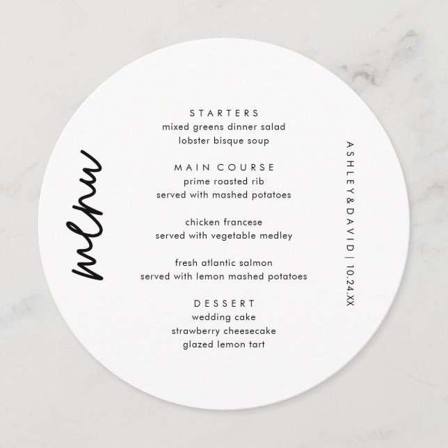 Minimalist Wedding Unique Circle Menu Cards (Front)