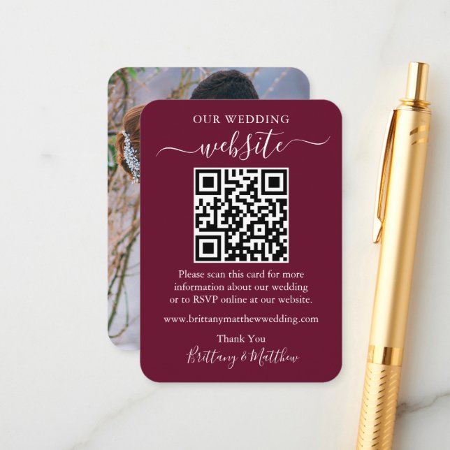 Minimalist Wedding Website Photo QR Burgundy Enclosure Card (Front/Back In Situ)