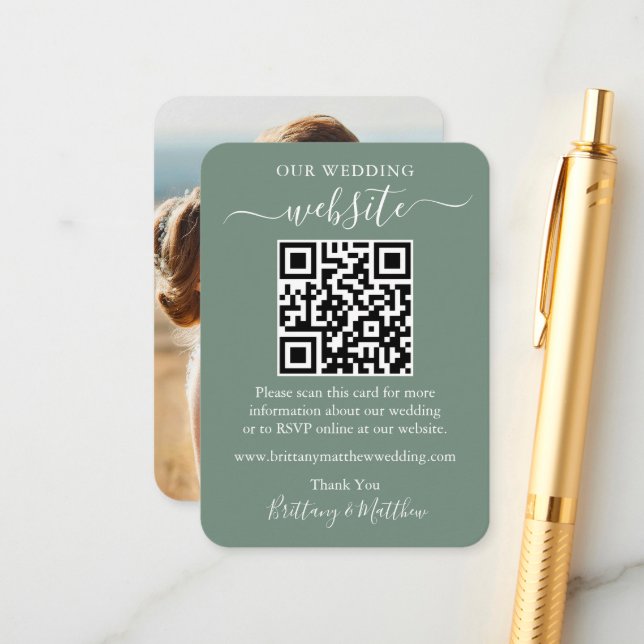 Minimalist Wedding Website Photo QR Sage Green Enclosure Card (Front/Back In Situ)