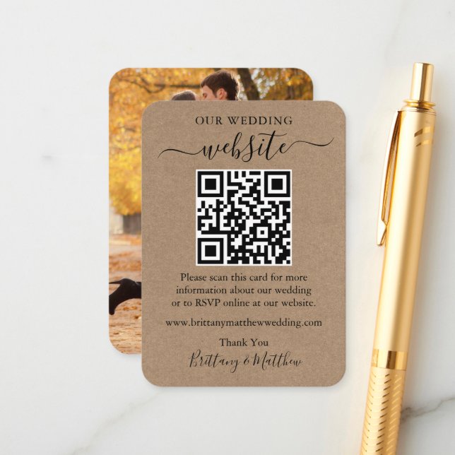 Minimalist Wedding Website Simple Photo QR Kraft Enclosure Card (Front/Back In Situ)