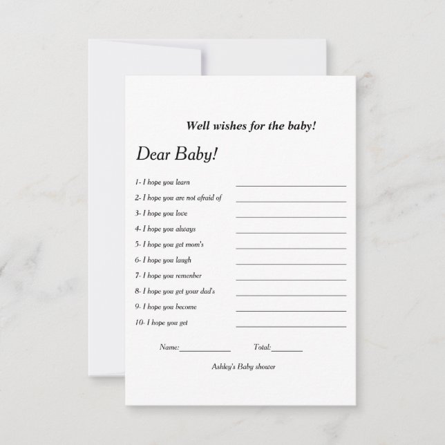 Minimalist well wishes for the baby shower game invitation (Front)