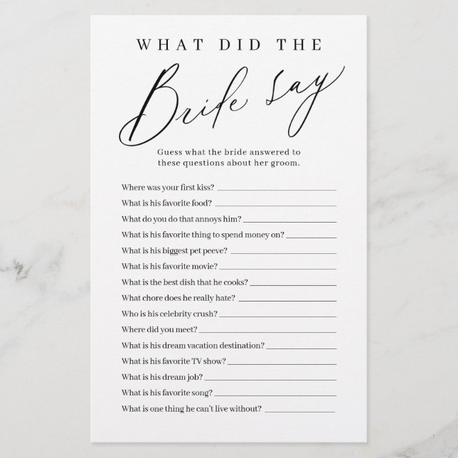 Minimalist what did the bride say game (Front)