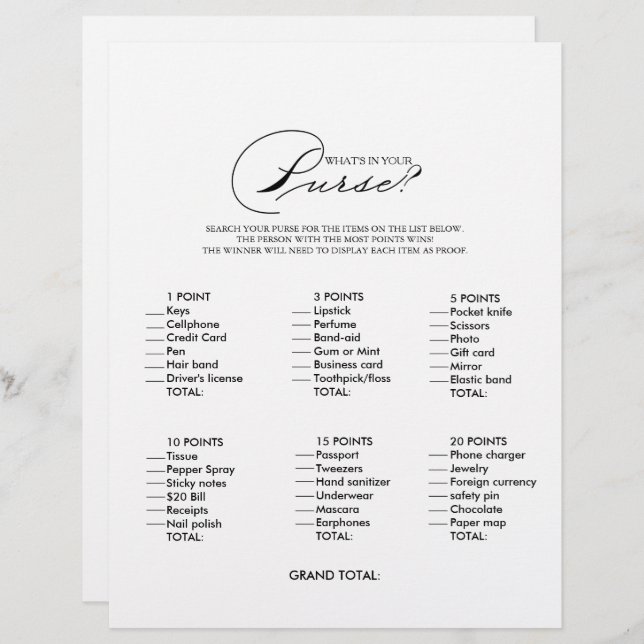 Minimalist What's in your Purse Bridal Shower Game (Front/Back)