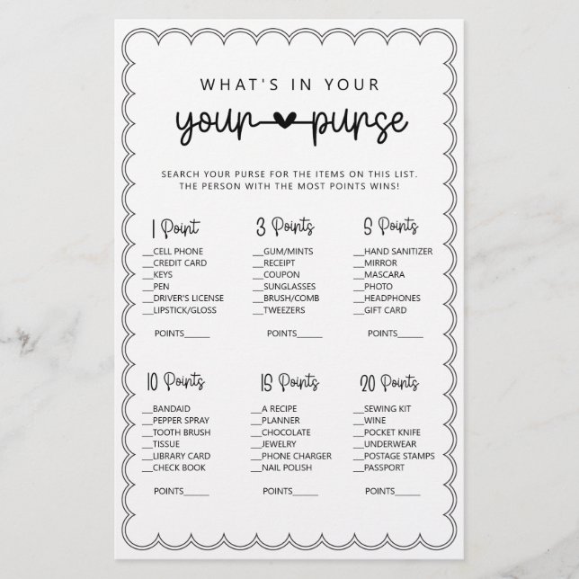 Minimalist what's in your purse bridal shower game flyer (Front)