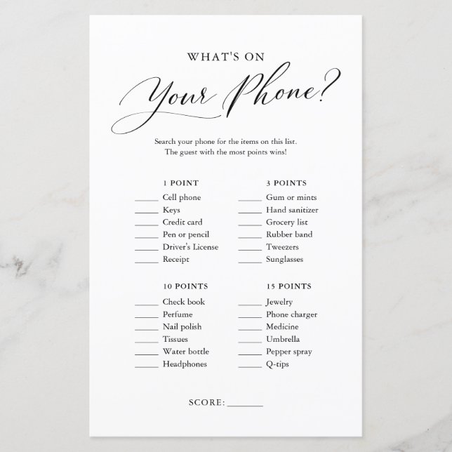 Minimalist Whats on Your Phone Baby Shower Game (Front)