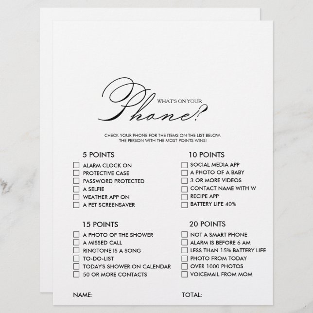Minimalist What's on your Phone Bridal Shower Game (Front/Back)