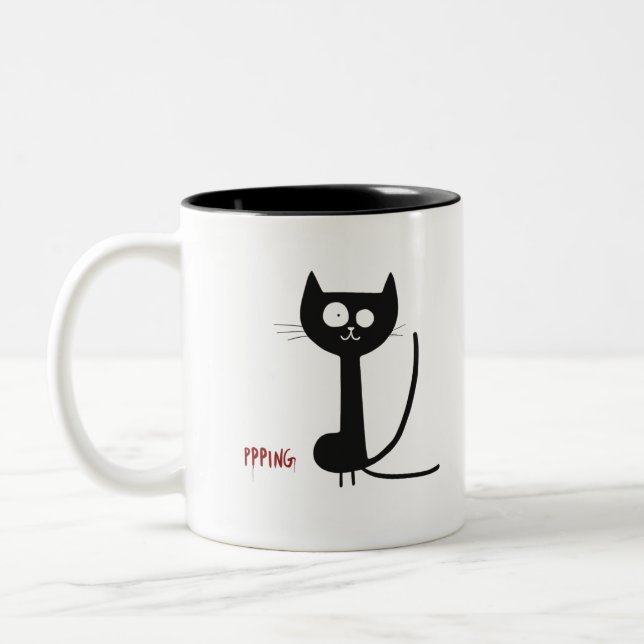 Minimalist Whimsical Black Cat Two-Tone Coffee Mug (Left)