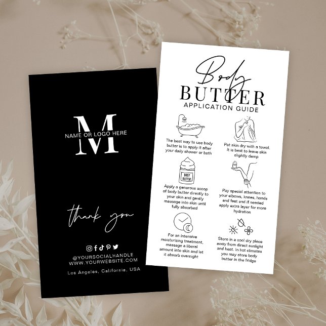 Minimalist Whipped Body Butter Application Guide Business Card (Whipped body butter care cards in black and white, featuring care icons and space for your logo)