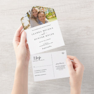 Minimalist White and Black Photo Wedding All In One Invitation