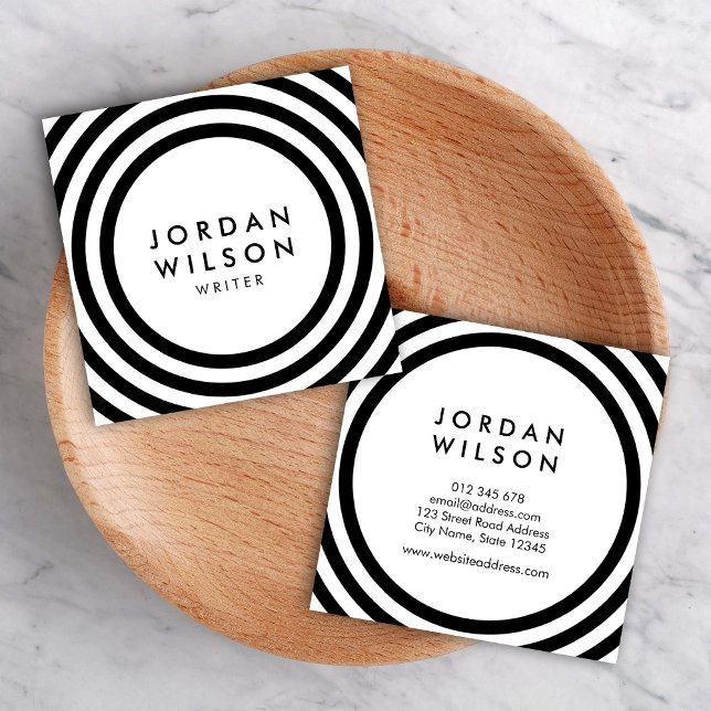 Minimalist White and Black Round Lines Geometric Square Business Card (Creator Uploaded)
