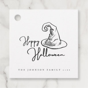 Minimalist White And Black Witches Hat Halloween Favour Tags