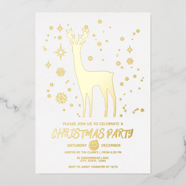Minimalist White and Gold Elegant Deer Xmas Party (Front)