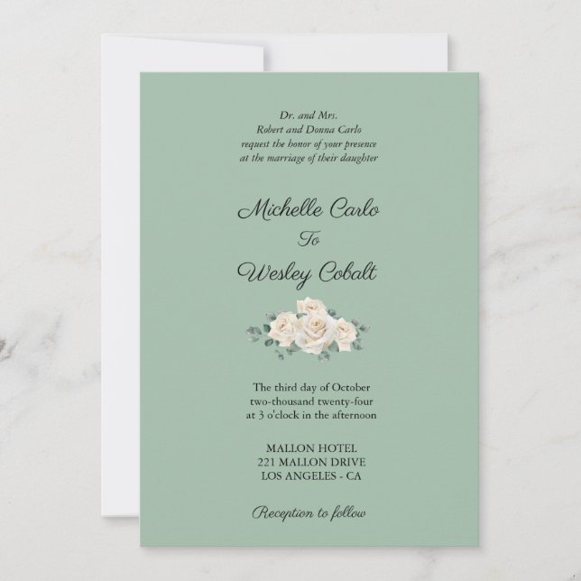 Minimalist White and Green Formal Rose Wedding Invitation (Front)