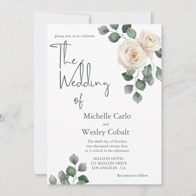 Minimalist White and Green Rose Back Wedding  Invitation (Front)
