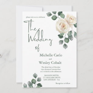 Minimalist White and Green Rose Back Wedding  Invitation