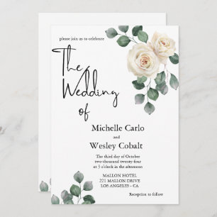 Minimalist White and Green Rose Back Wedding  Invitation