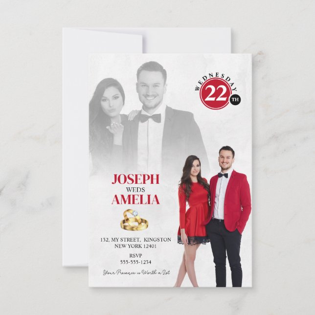Minimalist White and Red Elegant Wedding Photo Invitation (Front)