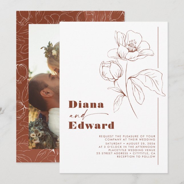 Minimalist White and Terracotta Boho Wedding Photo Invitation (Front/Back)