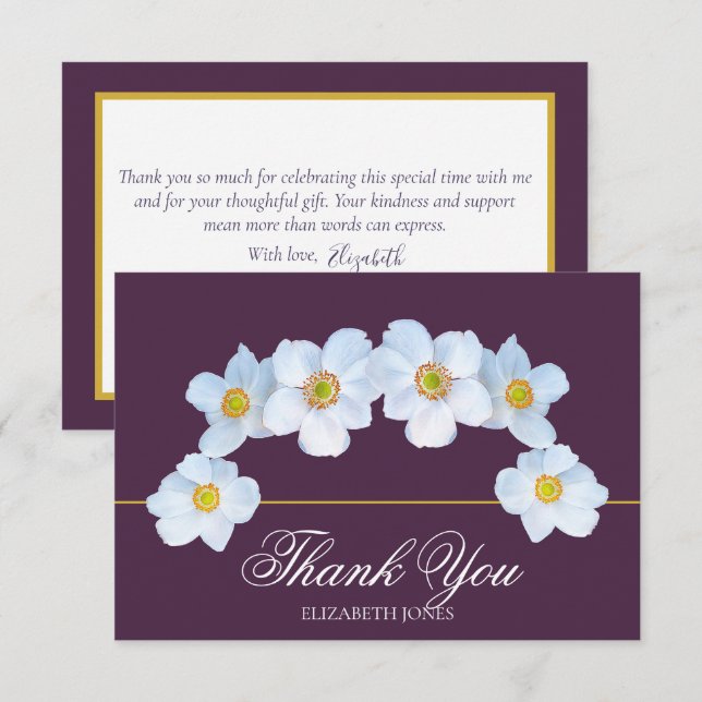 Minimalist White Anemone Bridal Shower Thank You Card (Front/Back)