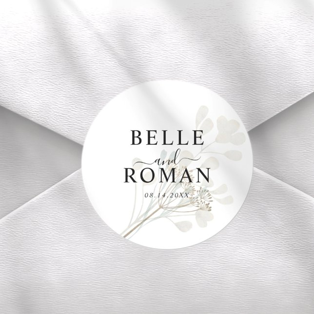 Minimalist White & Beige Botancial Wedding Classic Round Sticker (Creator Uploaded)