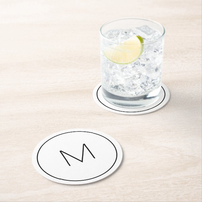 Minimalist White Black Monogram Simple Letter Round Paper Coaster (Insitu)