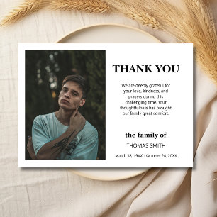 Minimalist White Black Script Photo Funeral Thank You Card