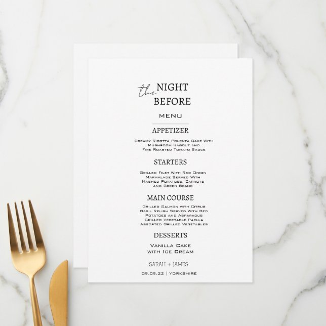 Minimalist White & Black the Night Before Wedding  Menu (Front/Back In Situ)