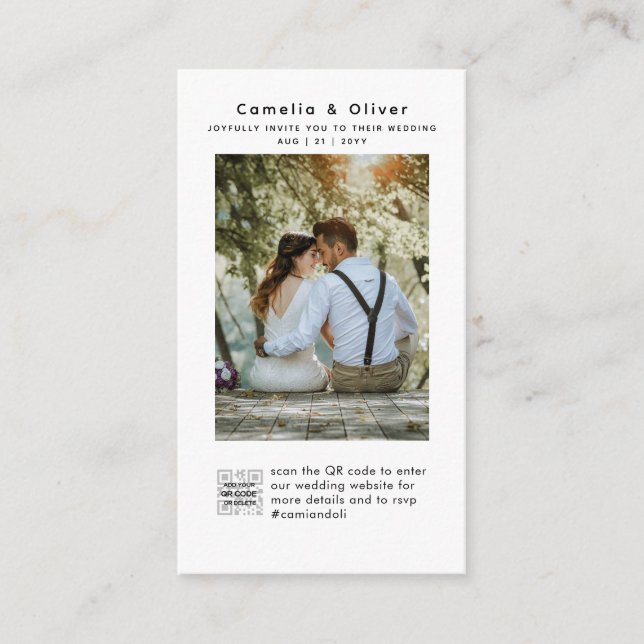  MINIMALIST White & Black Wedding PHOTO QR CODE Enclosure Card (Front)