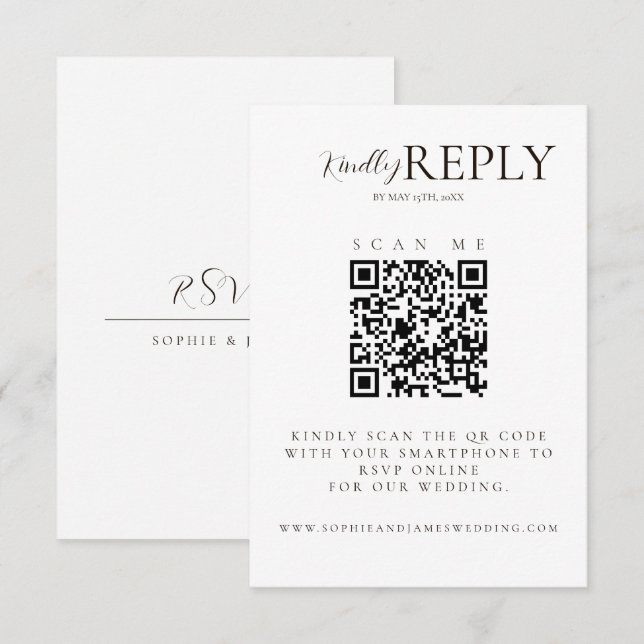 Minimalist White + Black Wedding QR Code RSVP Card (Front/Back)