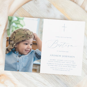 Minimalist White & Blue Elegant Photo Baptism Invitation