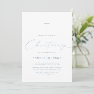 Minimalist White & Blue Elegant Script Christening Invitation