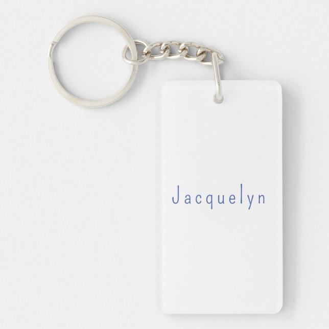 Minimalist White Blue Plain Elegant Modern Name Key Ring (Front)