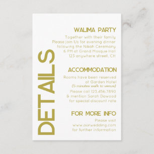 Minimalist White Brass Typography Wedding Details Enclosure Card