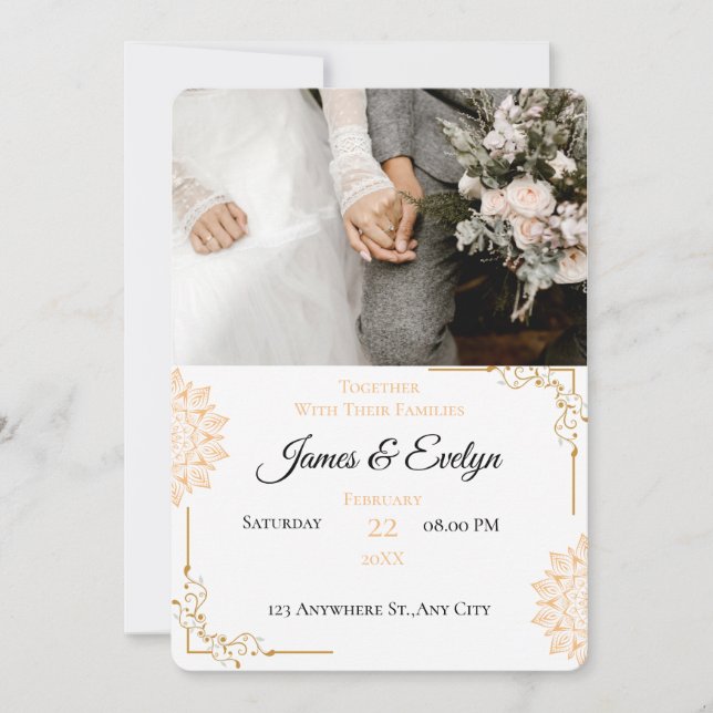Minimalist white brown wedding invitation (Front)