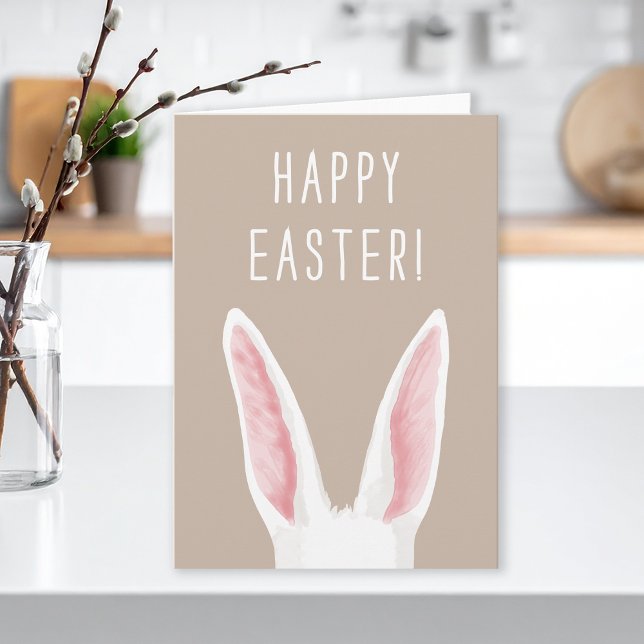Minimalist White Bunny Ears On Beige Happy Easter Card (Creator Uploaded)