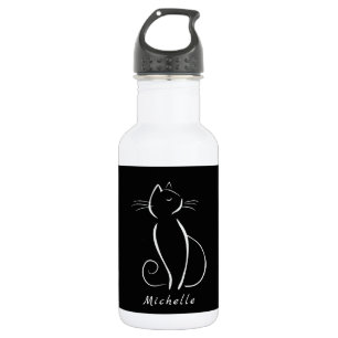 Minimalist White Cat On Black Add Name 532 Ml Water Bottle