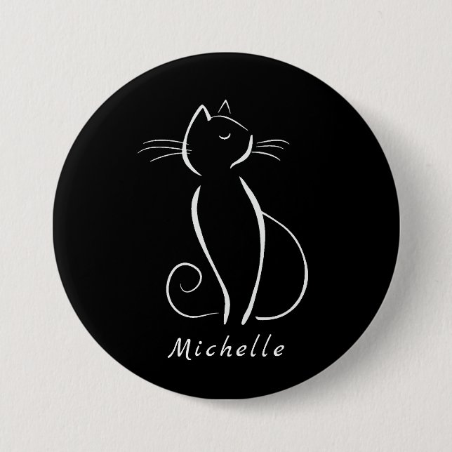 Minimalist White Cat On Black Add Name 7.5 Cm Round Badge (Front)