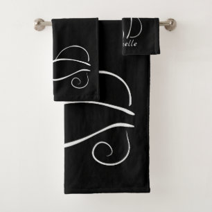 Minimalist White Cat On Black Add Name Bath Towel Set