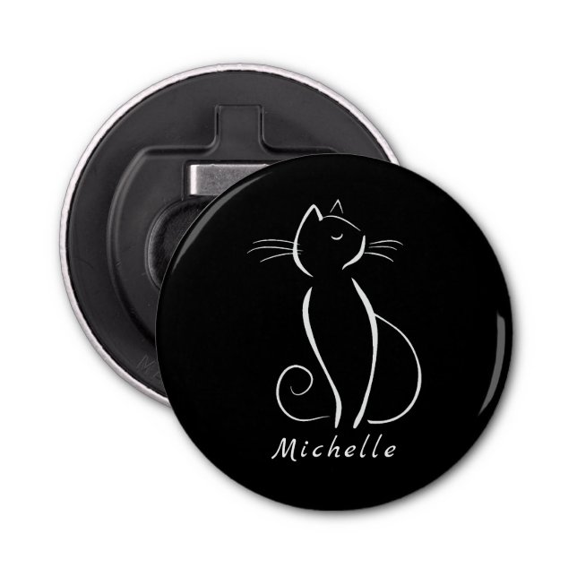 Minimalist White Cat On Black Add Name Bottle Opener (Front)